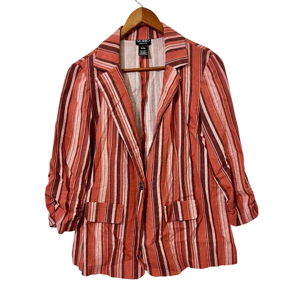 SOHO Apparel‎ Womens Striped Linen Blend Blazer Size L Red Casual Chic Boho